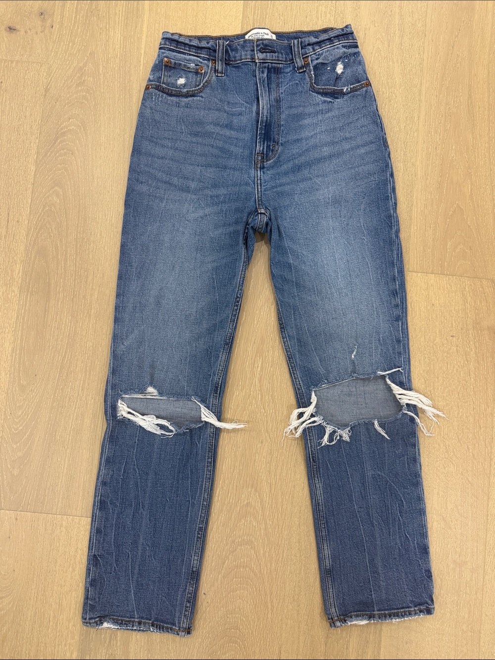 Abercrombie & Fitch Medium Blue Straight-Leg Distressed Jeans